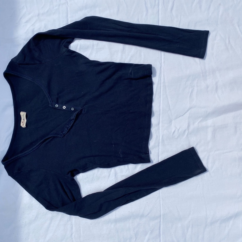 Navy blue crop top ribbed long sleeve shirt